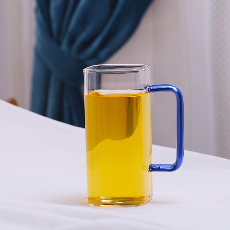 High Value Glass Straw Cup with Cover Square Color Handle Transparent Glass Milk Tea Flat Bottom Single Layer Cup