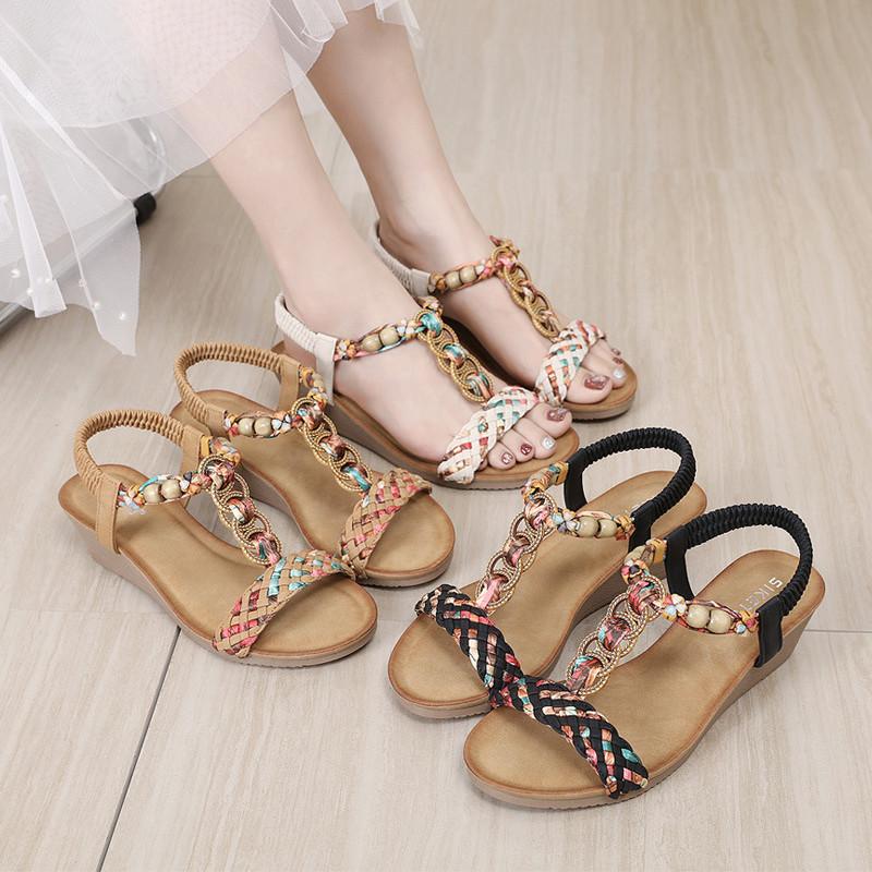Fashion Brand Casual Summer Fashion Small Wedge Lightweight Sandals Women Elastic Band Beaded Jewel Petal Shoes Rome Ankle T-strap