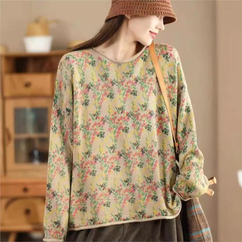Johnature Нишевая футболка с цветочным принтом, модная, индивидуальная, винтажная, с круглым вырезом, с длинными рукавами, в китайском стиле, свободная, повседневная футболка
