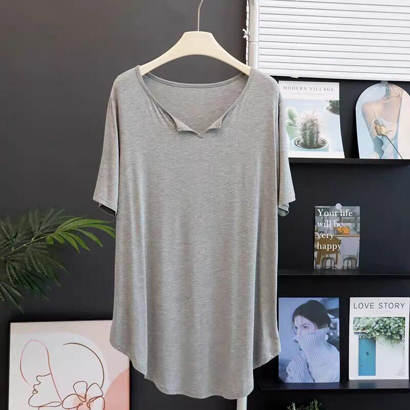 Modal short-sleeved T-shirt women's medium and long butt-covering V-neck arc hem loose sports blouse top