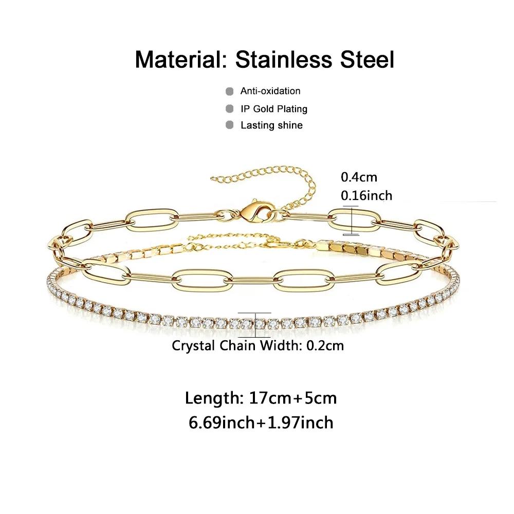 Dainty Gold Bracelets for Women,Gold Color Stainless Steel Adjustable Layered Paperclip Tennis Chain Bracelet Cute Jewelry