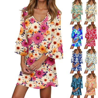 Женское повседневное модное платье с цветочным принтом, V-образным вырезом, свободными рукавами 3/4