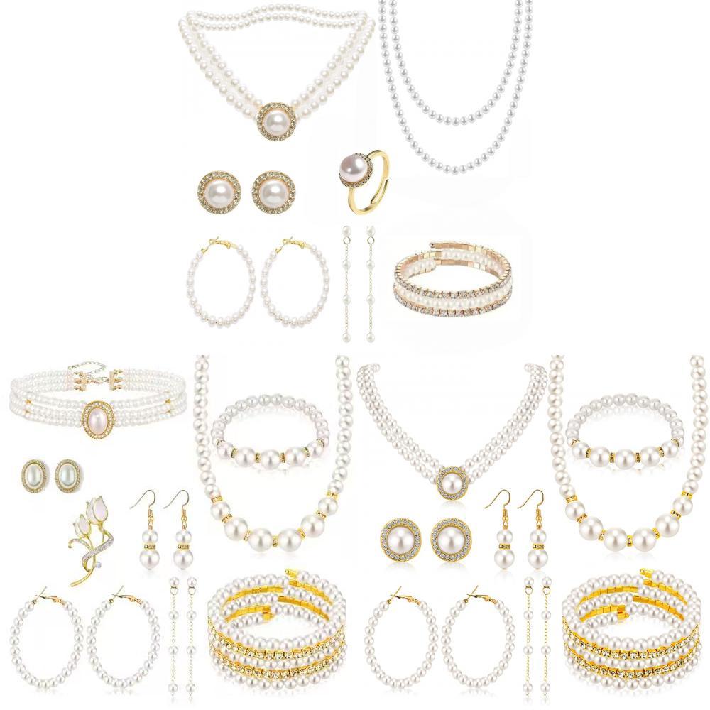 Vintage Chic Artificial Pearl Necklace And Earrings Set For Party Wear With Geometric Design