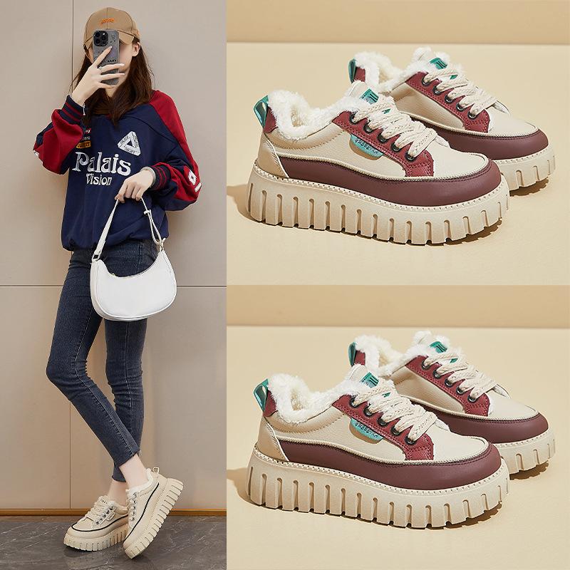 Winter Warm Chunky Platform Sneakers for Women Faux Fur Lining Walking Shoes Women's Casual Comfortable Fleece Lined Non-Slip Lace-Up Tennis Sneakers