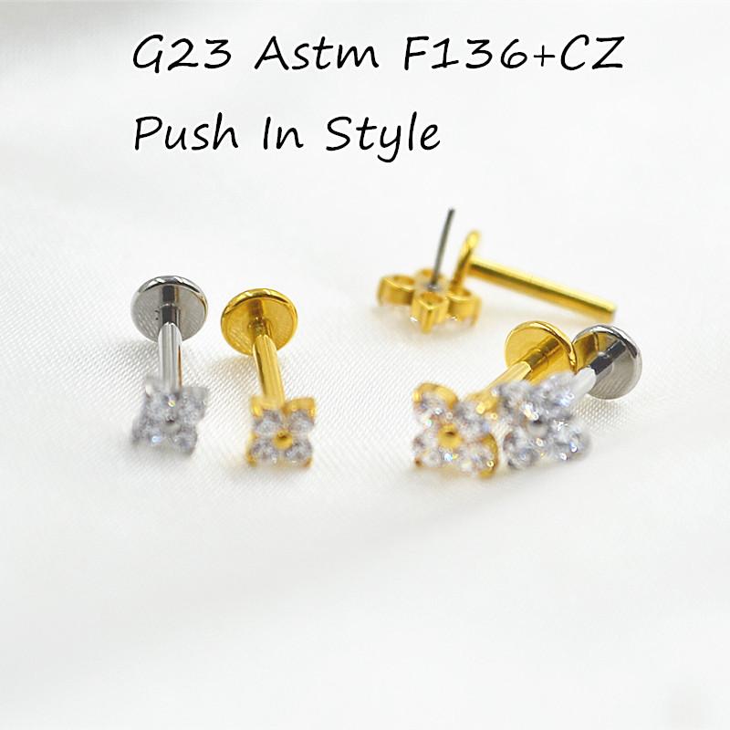 ASTM F136 Титановые Серьги-гвоздики Пирсинг для Губ Минималистичные Украшения для Пирсинга Тела Четырехлистник с Фианитами