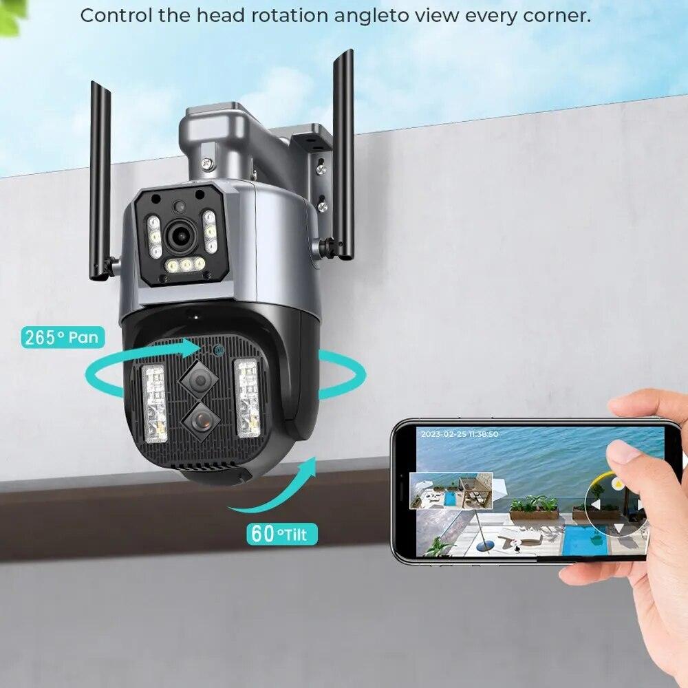 Новая уличная камера 12 Мп, 6K, Wi-Fi, PTZ, тройной объектив, двойной экран, 10-кратный гибридный зум, автоматическое отслеживание, водонепроницаемая камера безопасности, водонепроницаемая защита безопасности