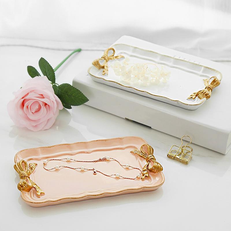 1 шт. Бант Романтическая десертная тарелка Цвет французского макарона Модный поднос из смолы с золотым покрытием