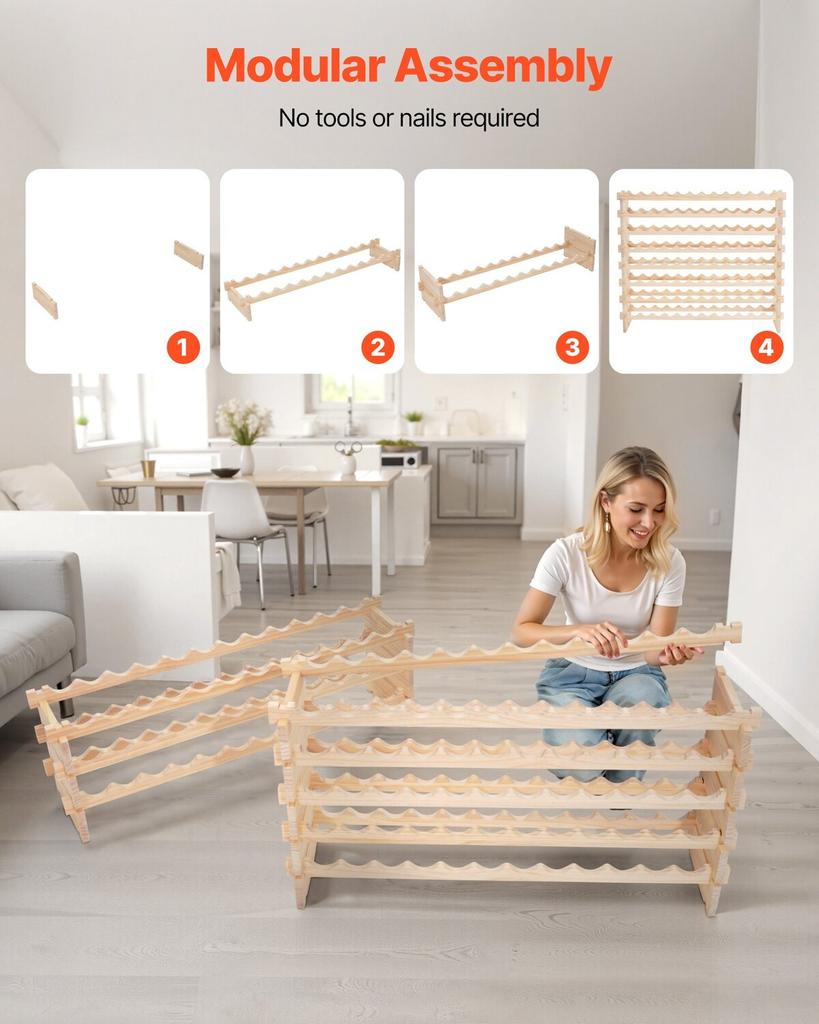 96 Bottle Stackable Modular Wine Rack, 8-Tier Wine Bottle Holder,Solid Wood Floor Freestanding Wine Storage Rack For Pinot Noir bottles,For Kitchen,