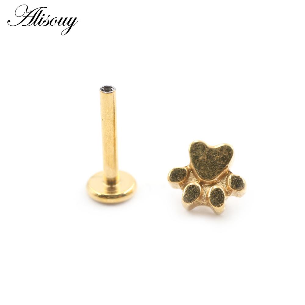 Alisouy 1PC Нержавеющая сталь Собака Следы Лист 16G Tragus Helix Bar Лабрет Губное кольцо Хрящ Ухо Серьги Пирсинг Украшения для тела