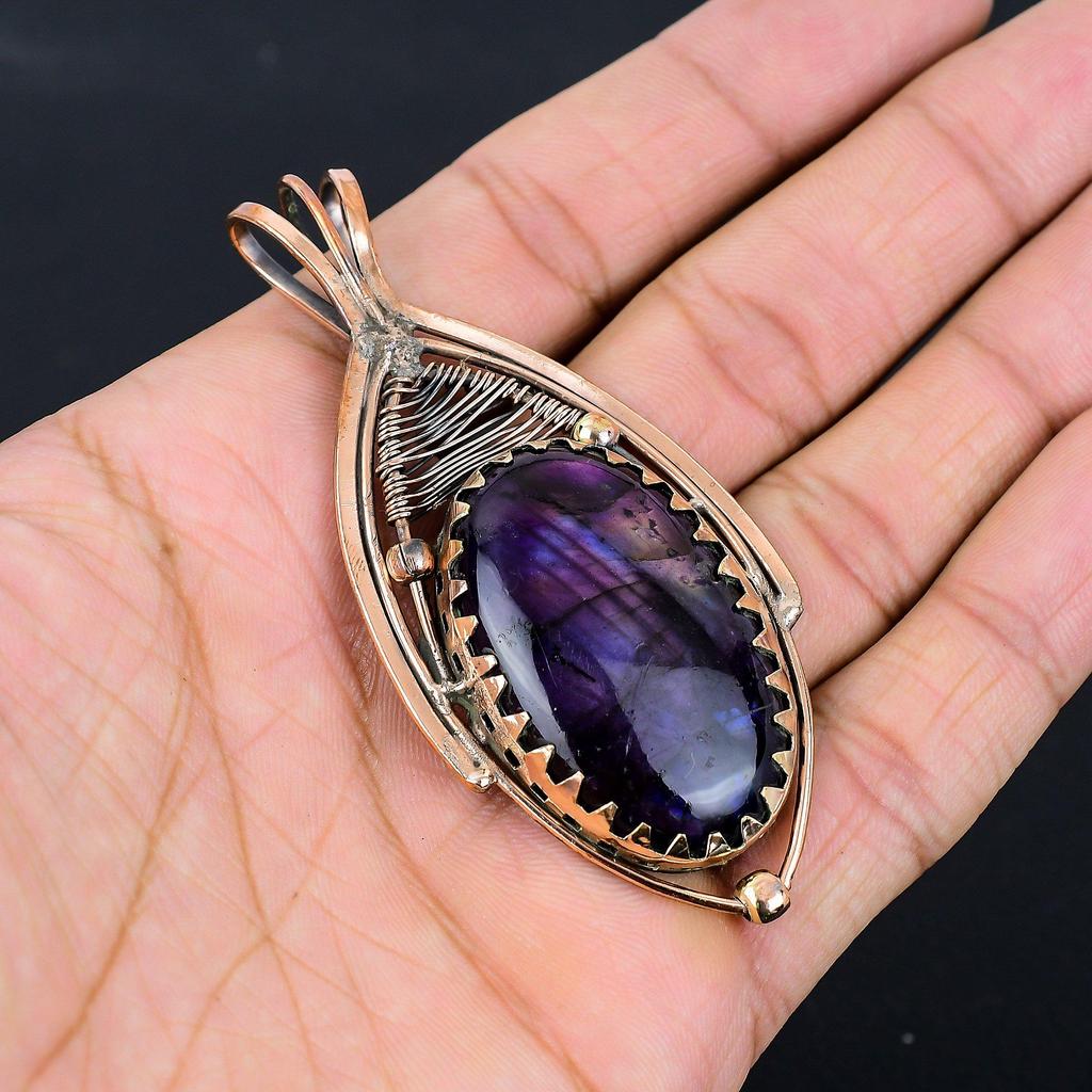 Purple Flash Labradorite Gemstone Jewelry Pure Copper Wire Wrapped Handmade Pendant