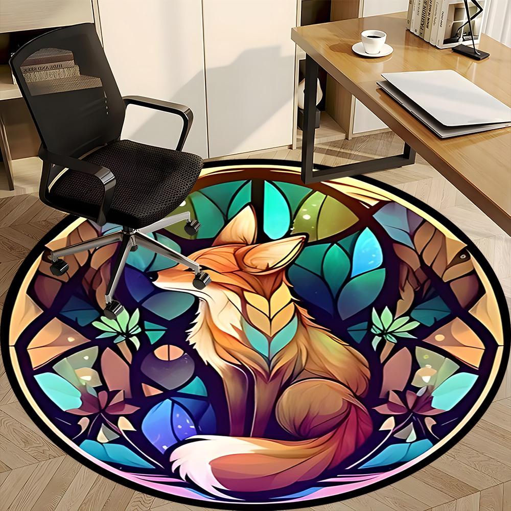 1pc Stained Glass Fox Office Round Area Rug, Indoor Mat Suitable ForOffice, Under Office Chairs Bedroom Living Room Home Decor, Room Deco D049