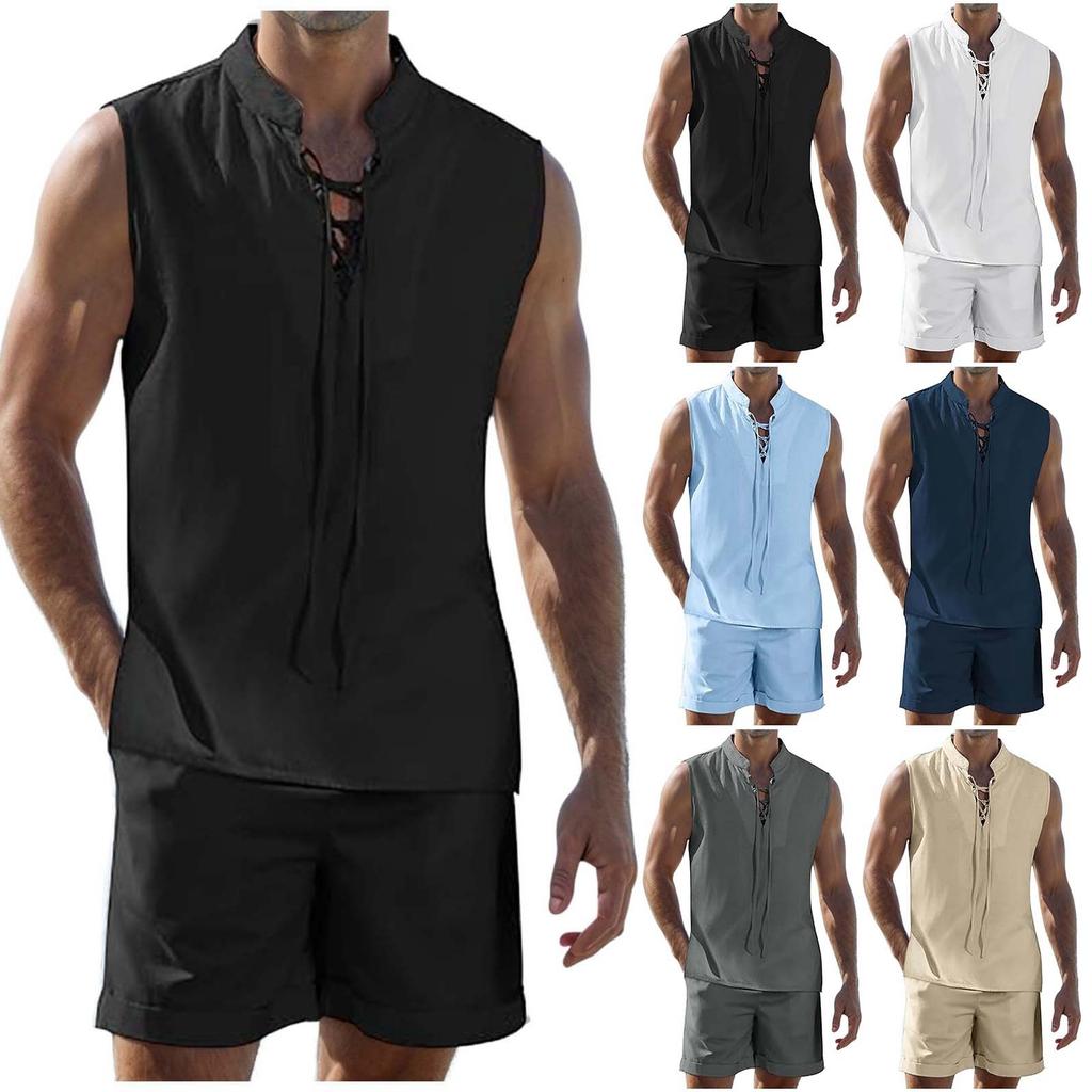 Мужской комплект из двух частей, без рукавов, на шнурке, с воротником-стойкой, топ, шорты с карманами, летний повседневный однотонный костюм