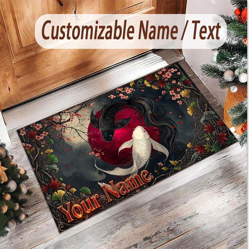 Koi Fish Theme Soft Crystal Velvet Rug Custom Name & Text Print Non Slip Floor Rug for Bedroom Living Room