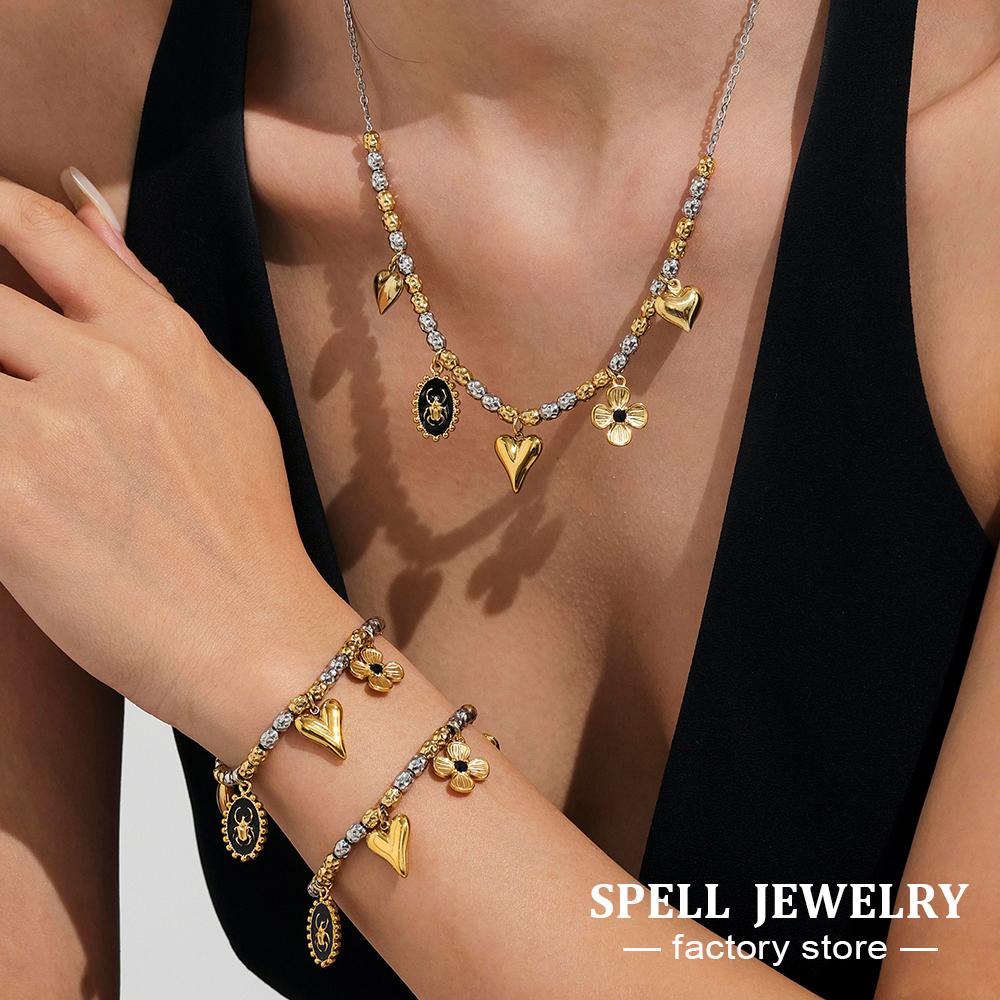 Heart And Flower Charms Necklace Bracelet In Stainless Steel 18k Gold Plated Beaded Necklaces Bracelets Jewelry Set For Women