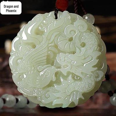 Подвеска-амулет из нефрита Хэтянь «Дракон и Феникс» для пар – Белый нефрит для мужчин и женщин