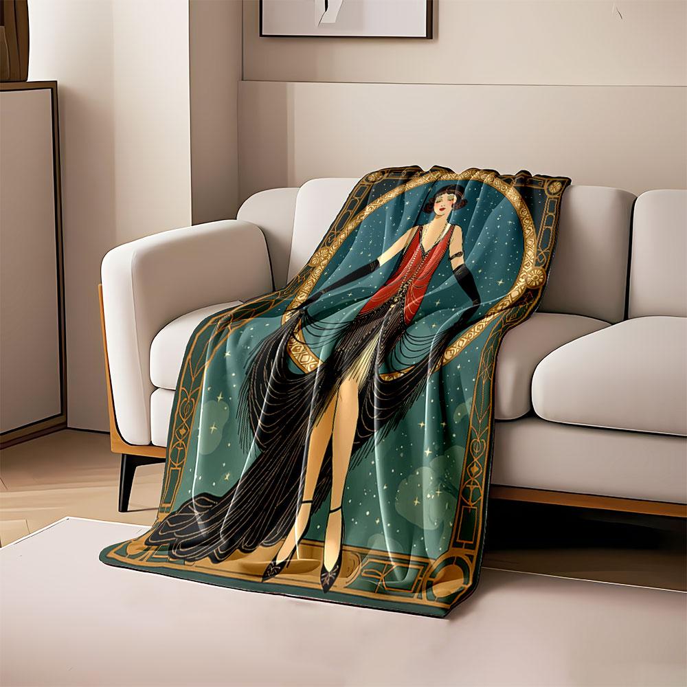 Elegant vintage art deco design with a flapper woman framed in gold. for all seasons blanket lunch break throw gift