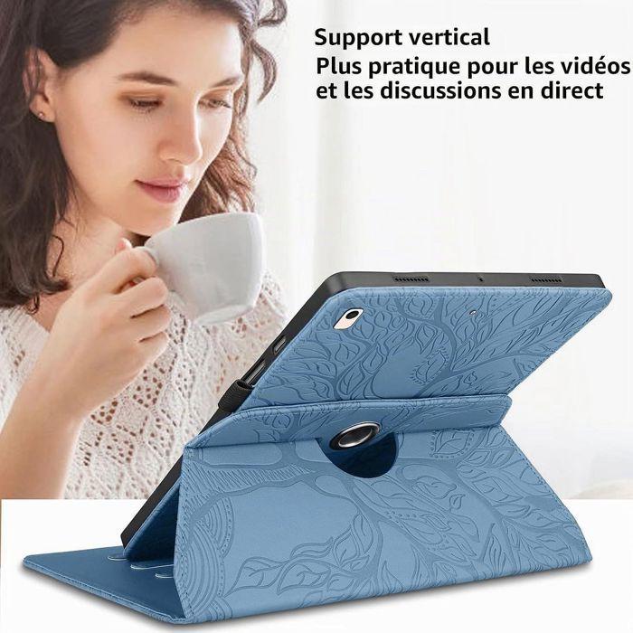 Coque + Verre Trempé pour iPad 10,2 Pouces (2019/2020/2021) Etui Rotatif Cuir PU Bleu Motif Arbre
