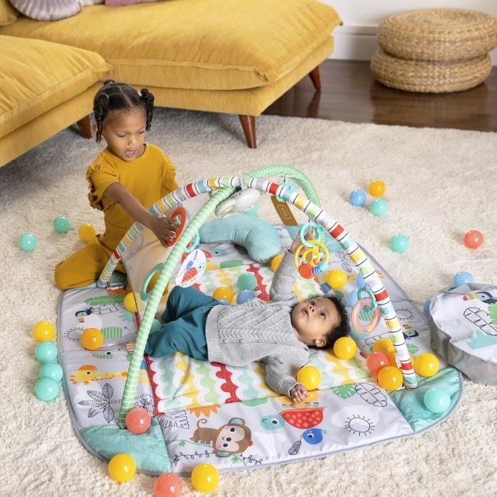 BRIGHT STARTS Tapis d'éveil bébé, parc à balles, Tropical, 5 modes de jeu - 40 balles - 7 jouets détachables, Cadeau Noël bébé