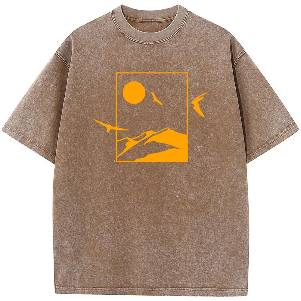 Мужская выбеленная рубашка с геометрическим рисунком в горном стиле, винтажная выбеленная футболка, топы, летние повседневные хлопковые футболки с круглым вырезом, выбеленная футболка
