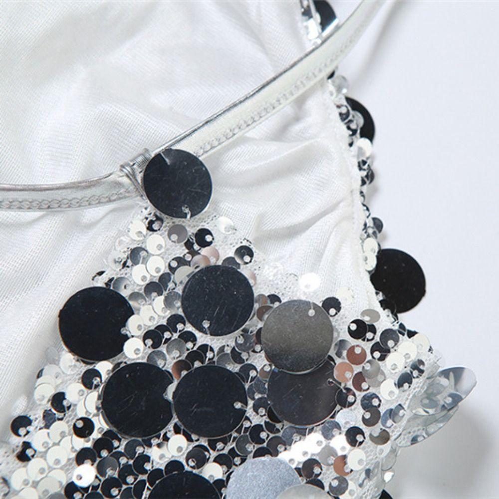 Beachwear Silver Sequin Camisole Short Women's Lace-Up Vest Design Glitter Tank Top  Vacation