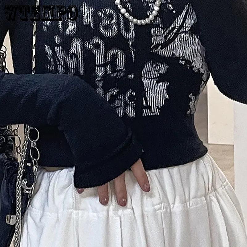 Ретро Harajuku гранж-футболки с графическим принтом и длинными рукавами, укороченные топы, шикарные женские винтажные облегающие корейские футболки