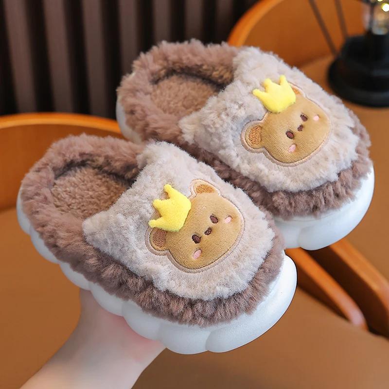 New Winter Cute Rabbit Bear Cotton Flip Flops Children's Plush Slippers For Girls Boys Home Indoor Fluffy Mule Kids Shoes