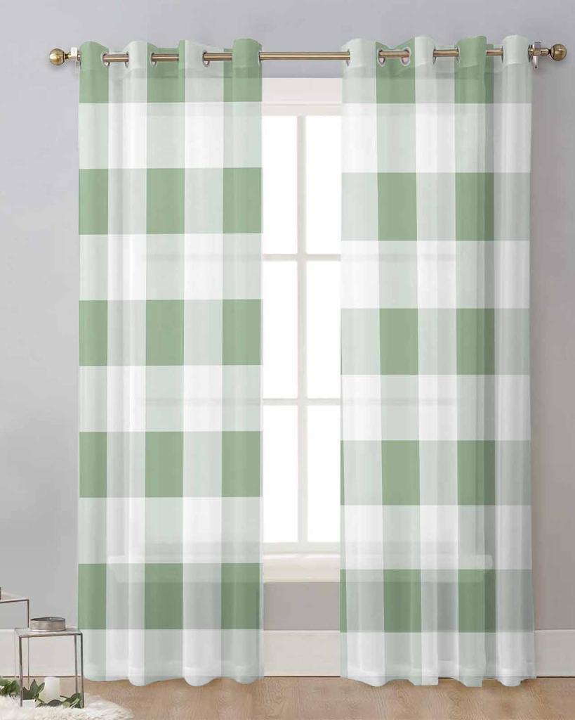 Sage Green Plaid Sheer Curtains for Living Room Decoration Window Curtains for Kitchen Tulle Voile Organza Curtains