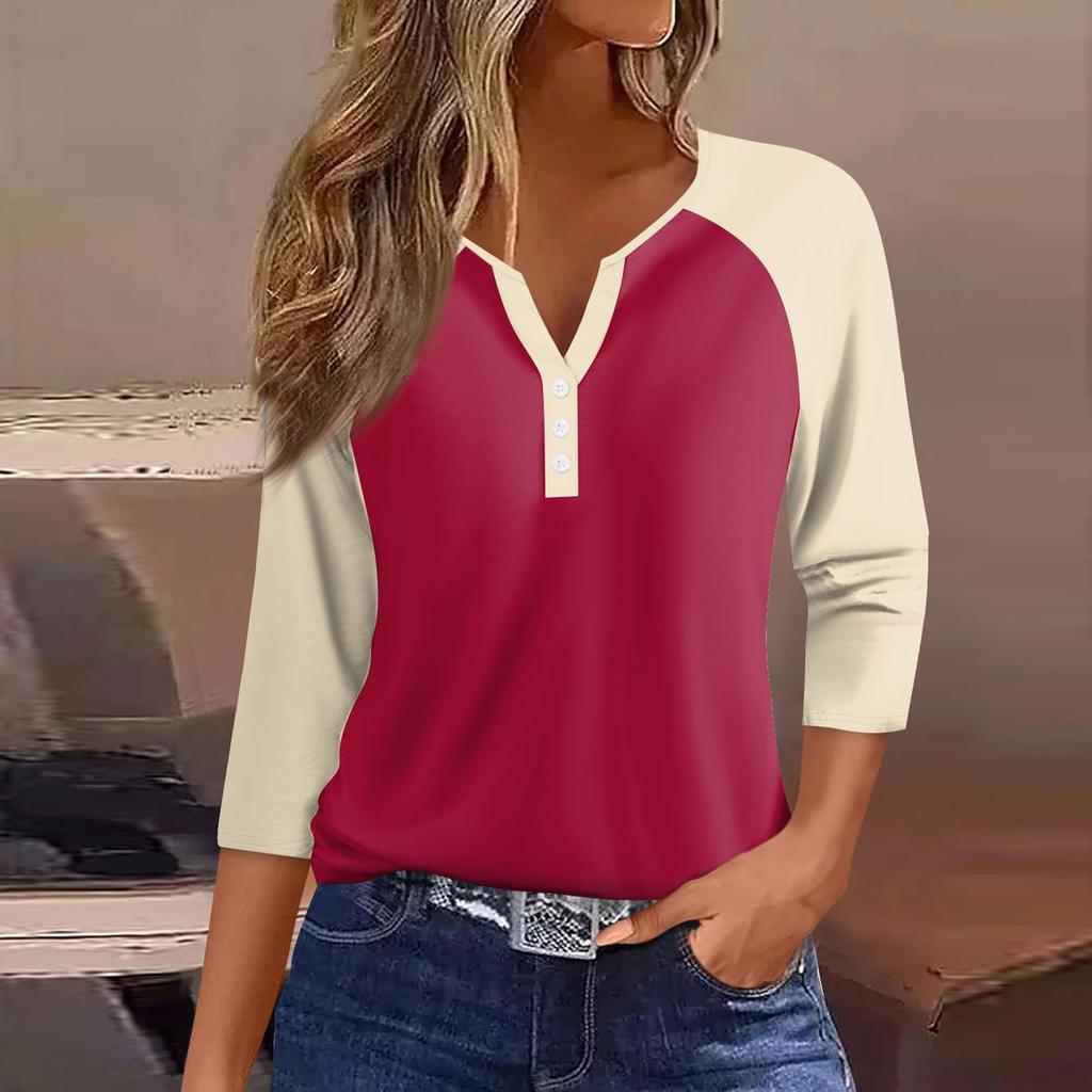 Жен. Футболка Футболка с принтом Пуговицы Рукав 3/4 Рукав реглан Повседневные Выходные Мода Классический V-образный вырез Обычный Топ