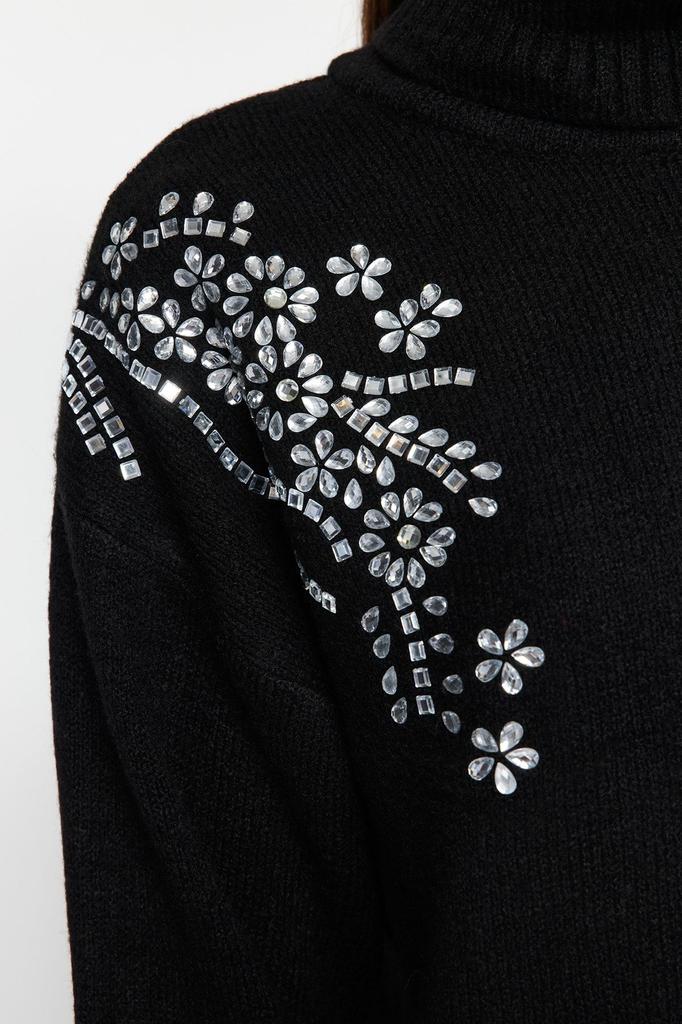 Women's Fashion Stylish Sweater Black Soft Textured Stone Detailed Turtleneck Knitwear Sweater