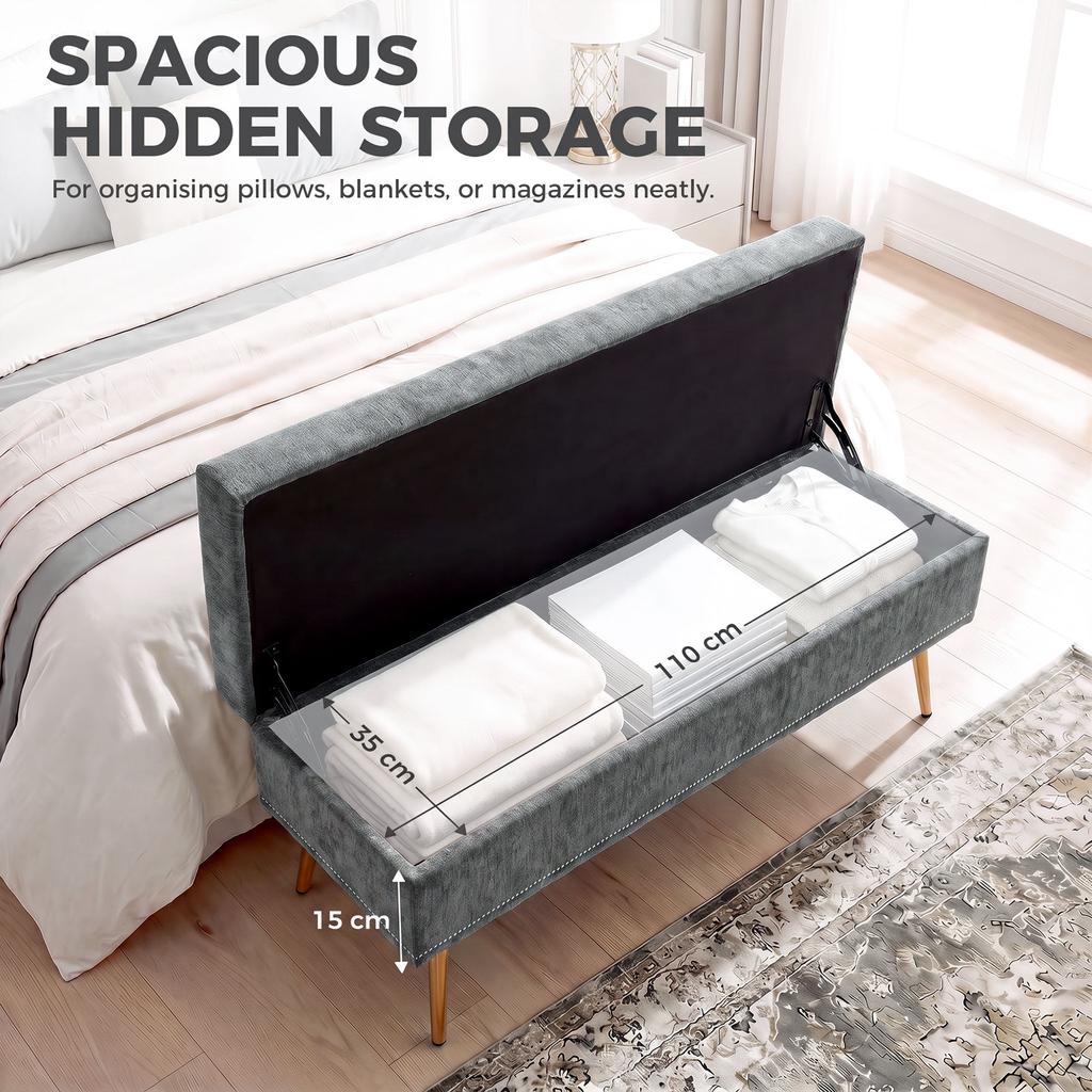 Storage Ottoman Chenille Upholstered Ottoman Storage Box With Padded Seat Metal Legs 114 X 41 X 45 Cm Grey
