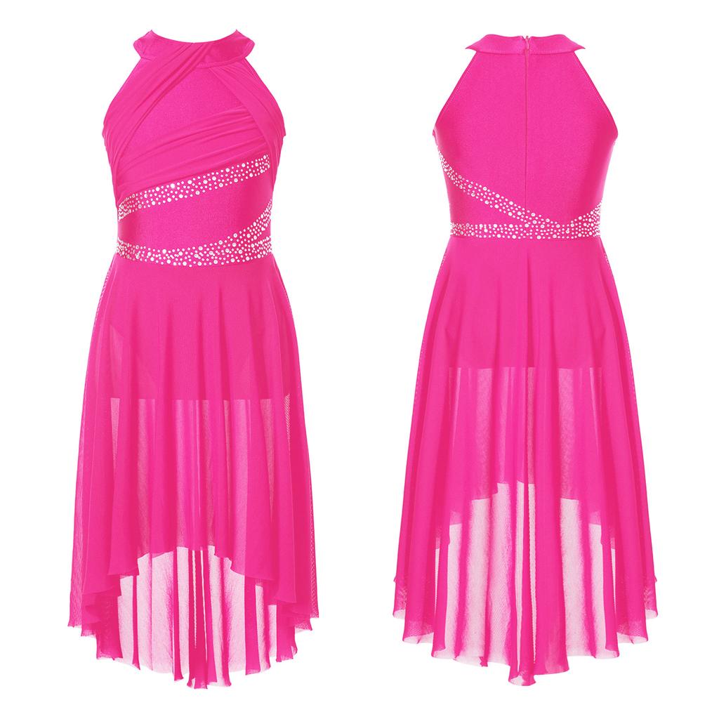 Платье для лирического латиноамериканского танца для девочек, без рукавов, с блестящими стразами, с дизайном купальника с драпировкой, танцевальная одежда для современного танца