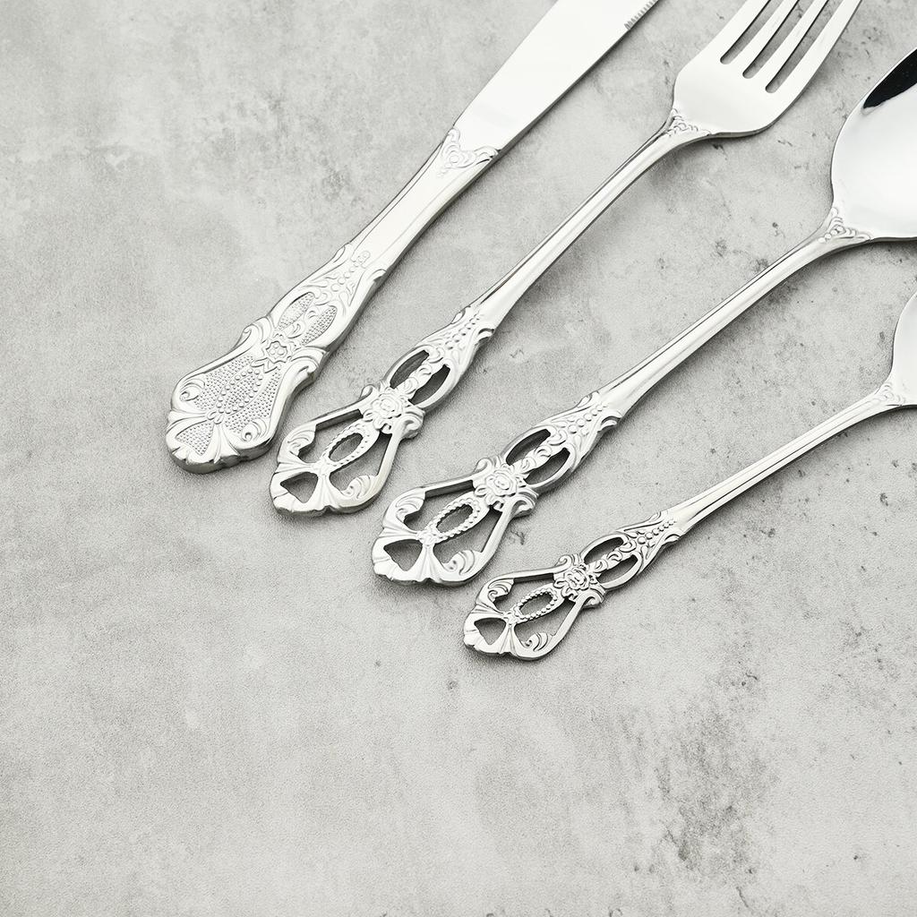 16Pcs Stainless Steel Cutlery Set Vintage Hollow Gold Tableware Knife Fork Tea Ice Spoon Dinnerware Set Wedding Party Silverware