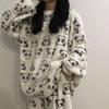 Flannel Pajamas Women Korean Print Casual Long Sleeve Thicken Basic Chic Round Neck Loose Kawaii Winter Warm Loungewear Sleepwear