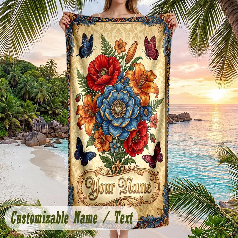 Floral Elegance Birds Theme Quick Dry Beach Towel Custom Name Text Print Large Sand Resistant Towel Beach Vacation