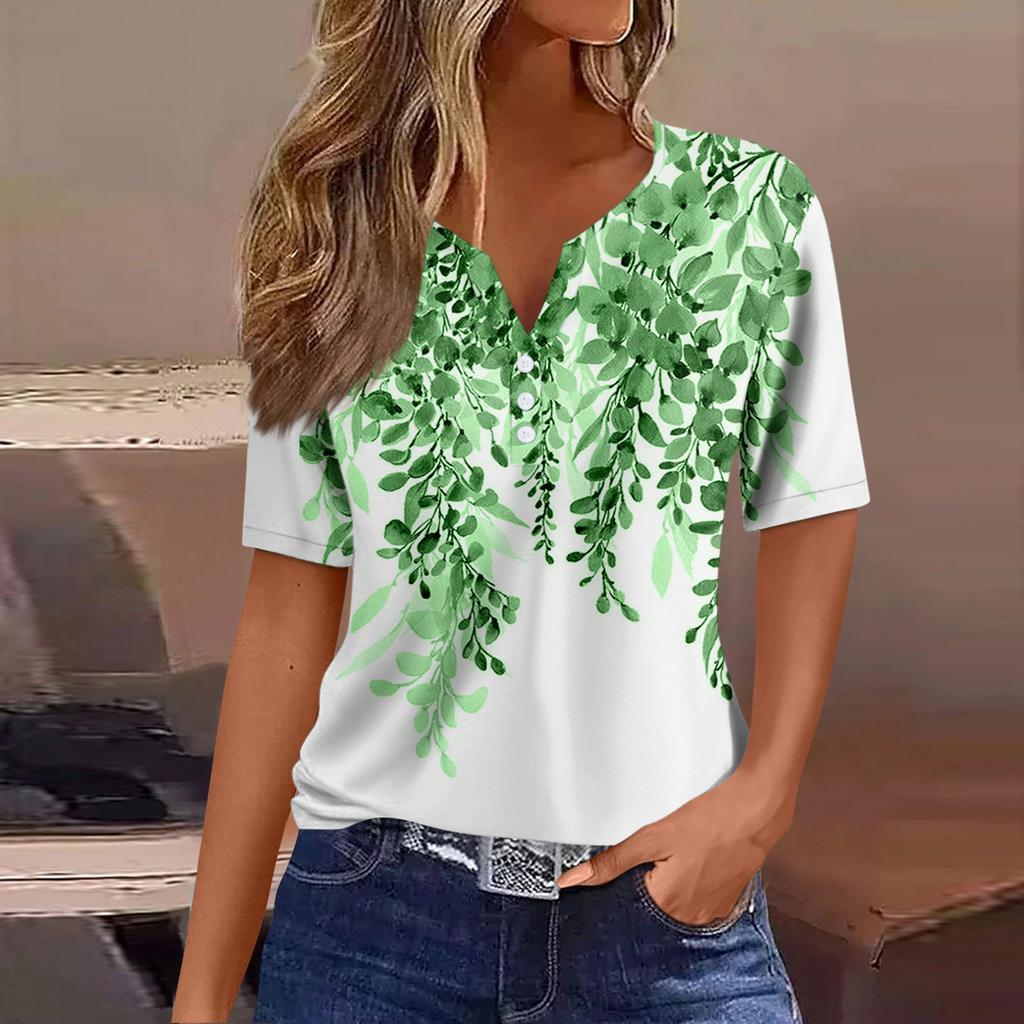 Женская модная повседневная винтажная футболка с v-образным вырезом и коротким рукавом с декоративными пуговицами, топ