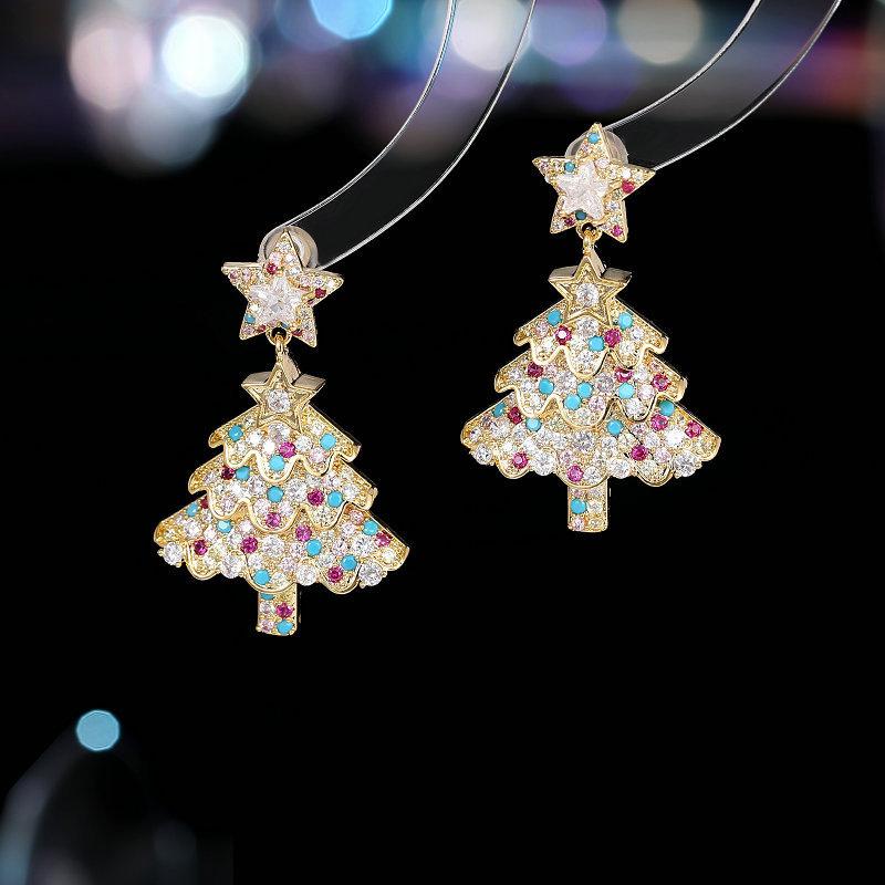 Women's Christmas Tree Zircon Crystal Star Stud Earrings Dangle Fashion Jewelry Gift for Xmas Party