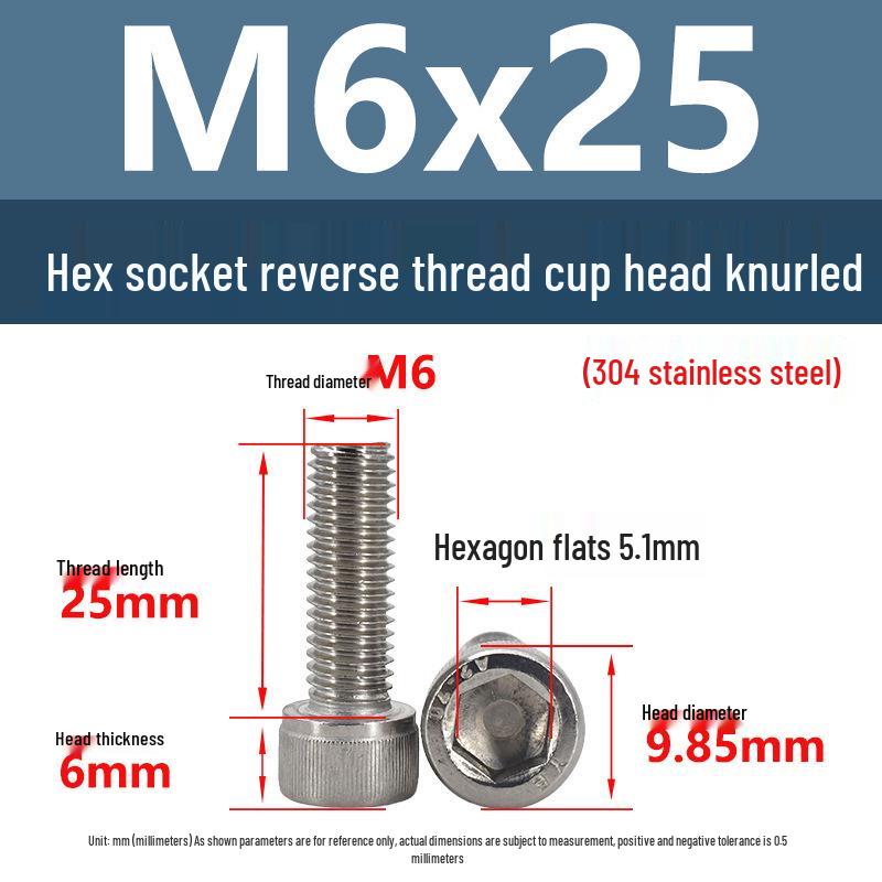Yigu Yigu 304 Stainless Steel Reverse Thread Knurled Hex Socket Cup Head M6-M12 Screws