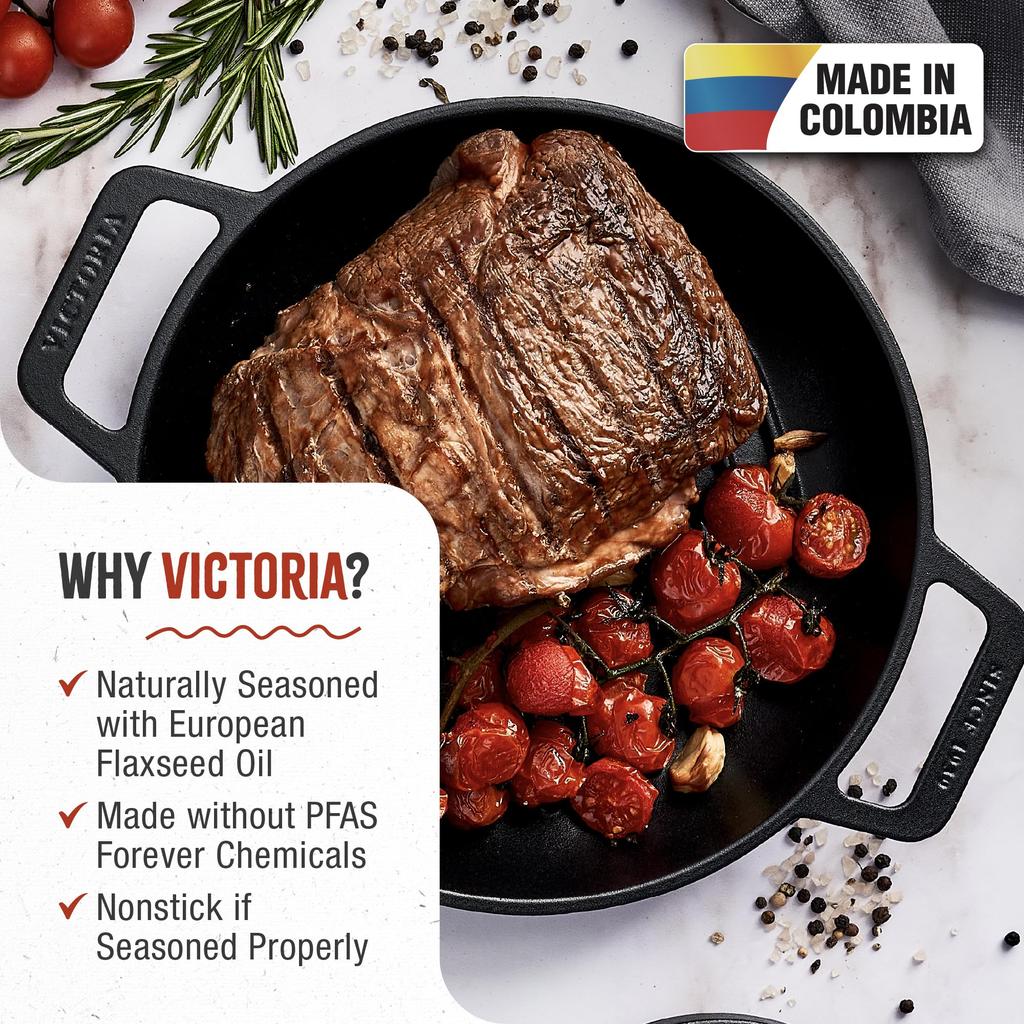 Сковорода-гриль из чугуна Victoria, круглая, с двойной ручкой, с льняным маслом и приправами