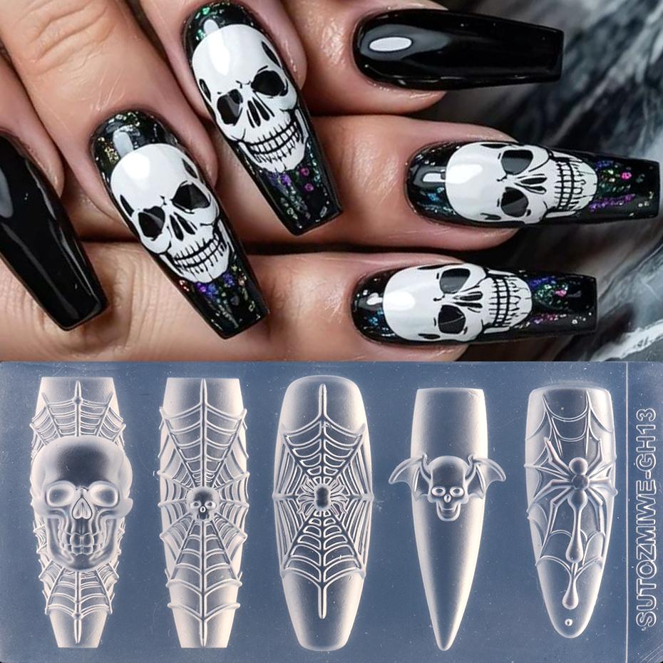 Xiaomi 3D Skull Bat Spider Web Nail Silicone Mold Halloween Gothic Nail Art Mould Skeleton Nail Charms Decorations Template Nail Mold