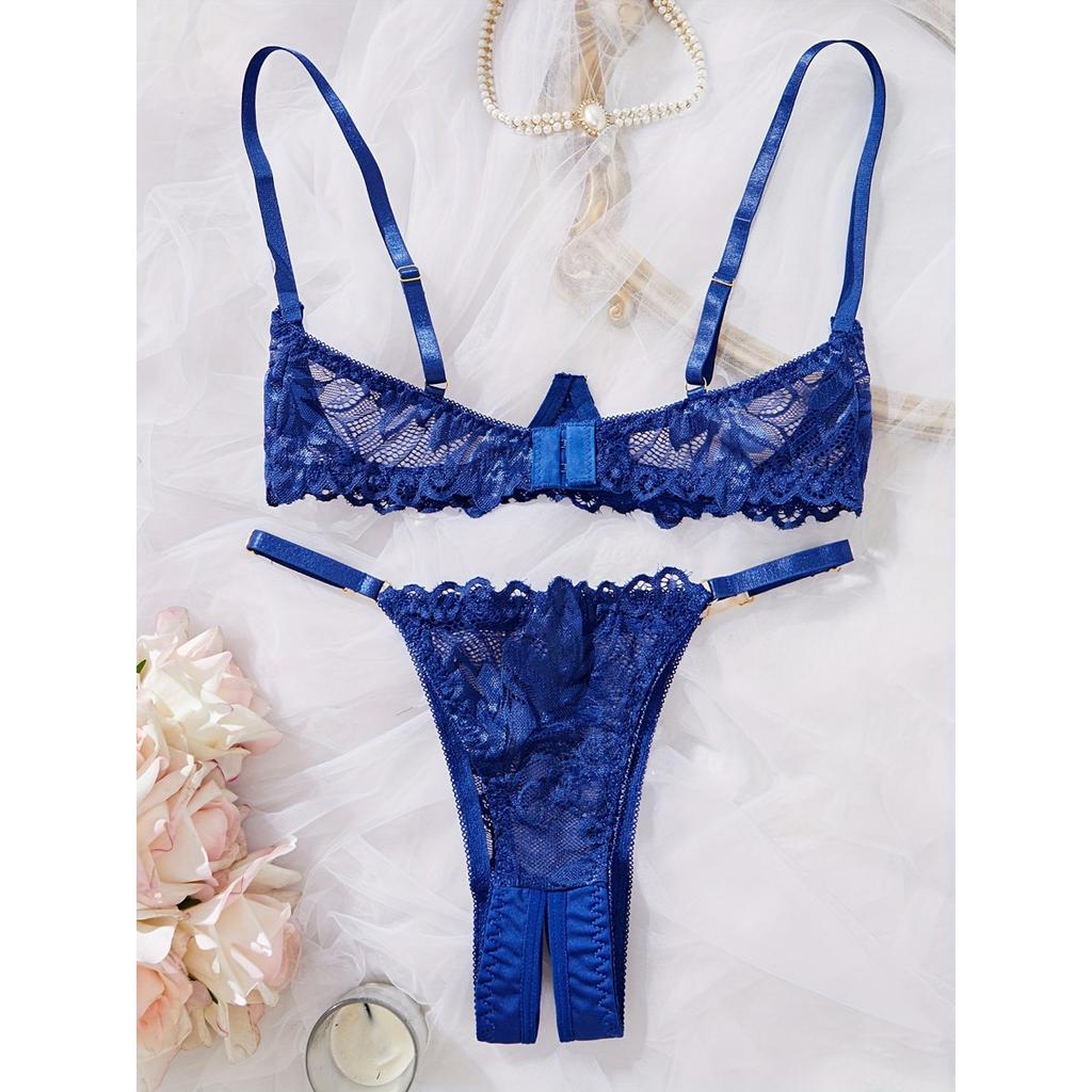 Floral Lace Lingerie Set, Open Bust Bra & Open Crotch Panties, Women's Sexy Lingerie & Underwear