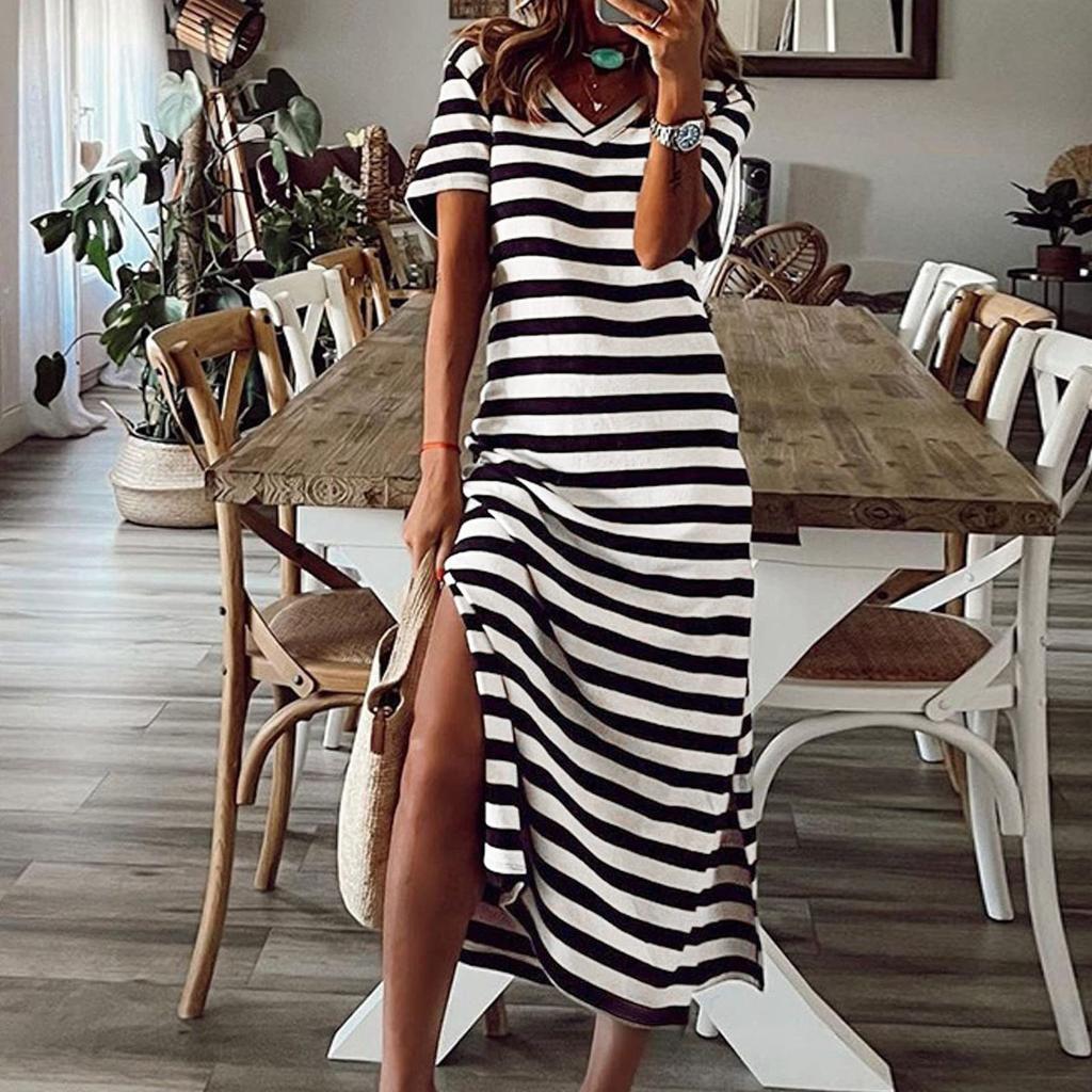 Fashion Womens Loose Sexy Summer Slit Loose V Neck Stripe Printed Dress