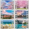 3D Natural Scenery Fake Window Stickers Sakura Tree Beach Building Wall Art Mural Decals Home Office Decoration Vinyl Wallpaper