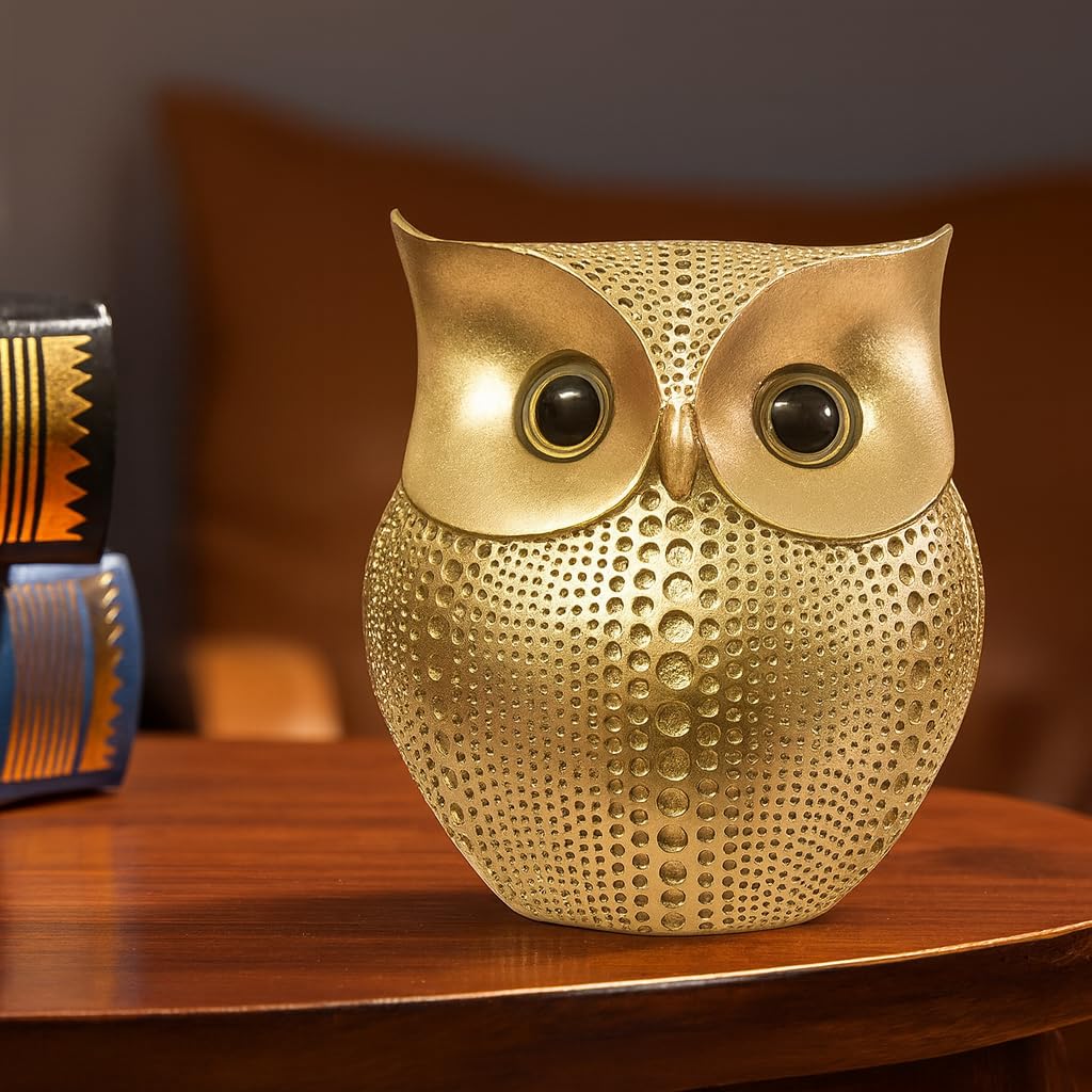 Modern Classy Lucky Owl Resin Art Figure Showpiece, Golden Color, 1 Piece