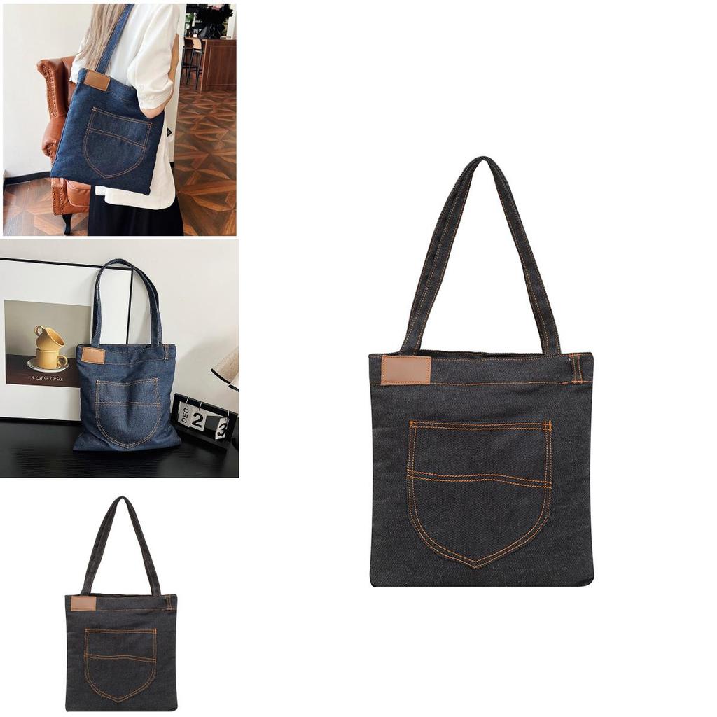 Denim Shoulder Bag Large Capacity Shopping Tote With Zipper For Daily Use