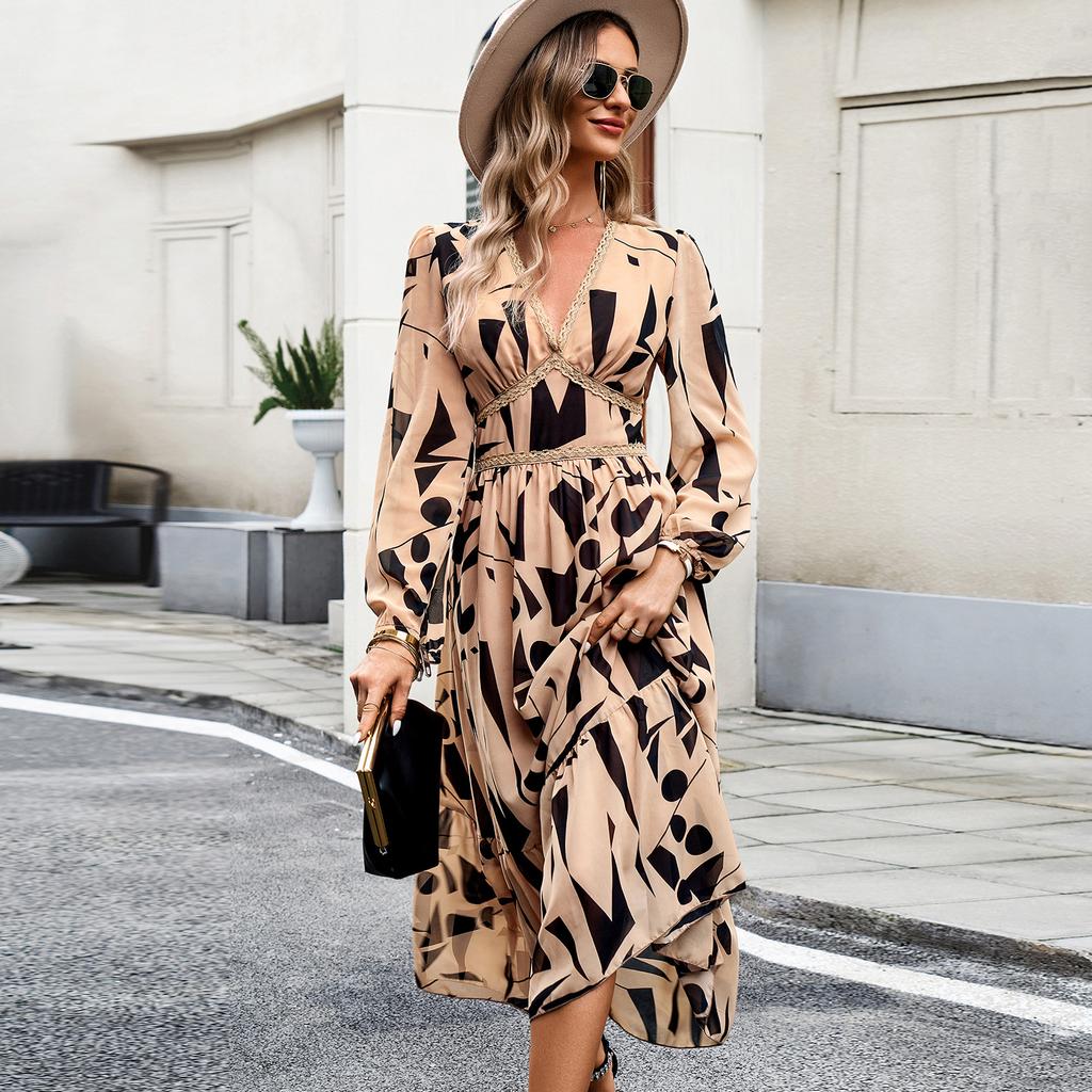 Women's Autumn Vacation Casual Printed V-neck Long-sleeved Dress