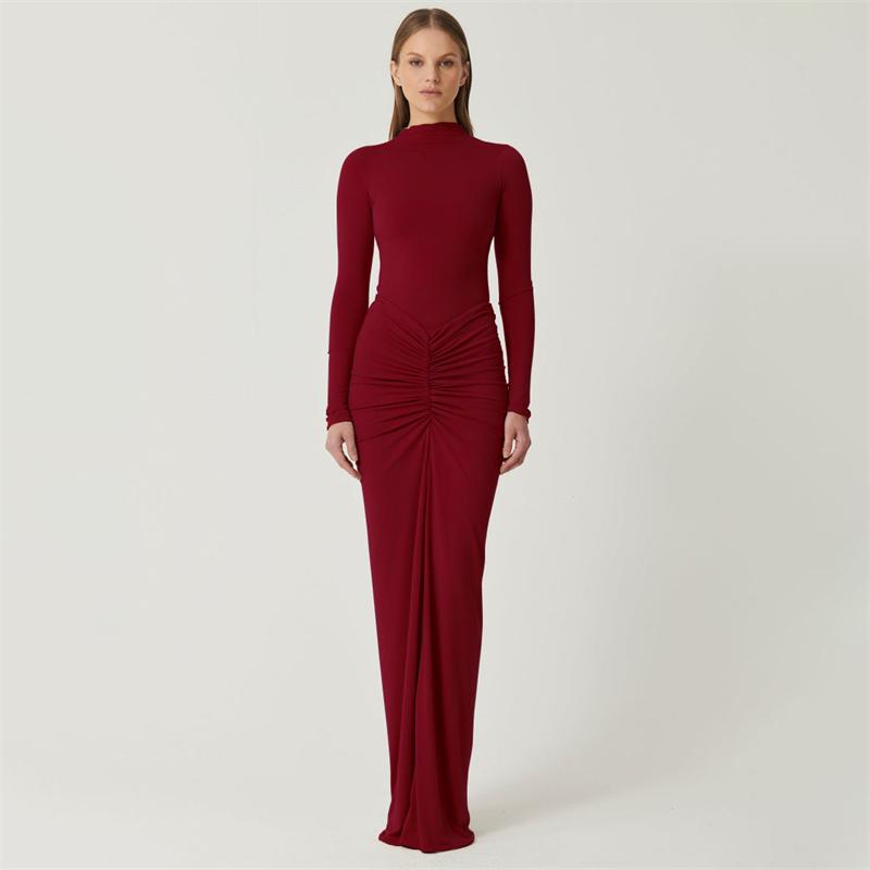 Pleated Dress For Women's Autumn Winter Fashion Long Sleeve Slim High Waist Dresses Femme Solid Patchwork Party Clothes Elegant Evening Dress Women