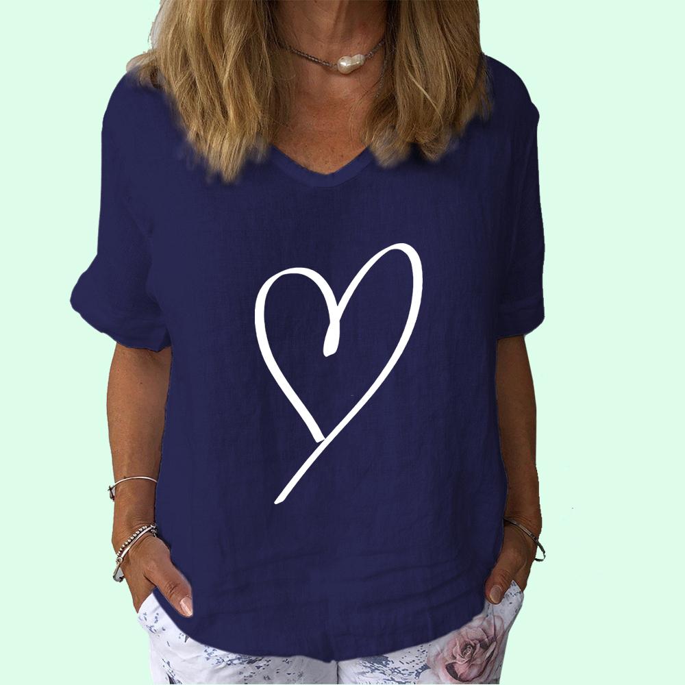 Женская мода хлопковый льняной топ летняя футболка с V-образным вырезом и коротким рукавом женская повседневная футболка с принтом