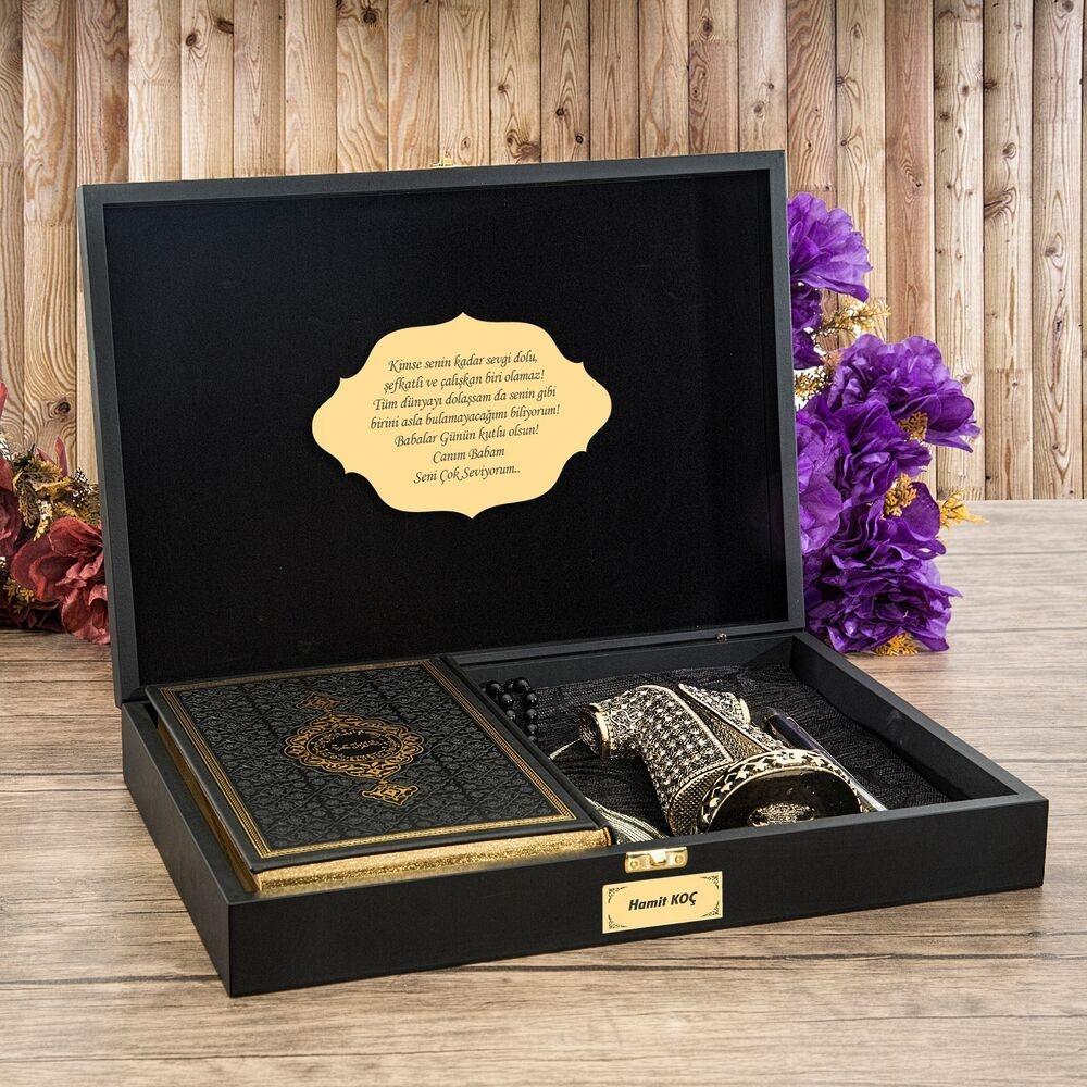 Quran, Islamic Figurine, Tasbih, Prayer Rug, Pen In Personalize Wooden Boxed | Islamic Birthday Gifts | Lux Islamic Gift Box | Special Gift