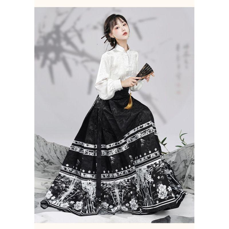 Повседневная юбка с воротником-стойкой в стиле китайской династии Мин из жаккарда с принтом листьев бамбука и лошадиным лицом