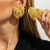 SHIXIN Vintage Large Love Heart Stud Earrings for Women Luxury Metal Gold Color Carved Flower Earrings Party Jewelry Accessories